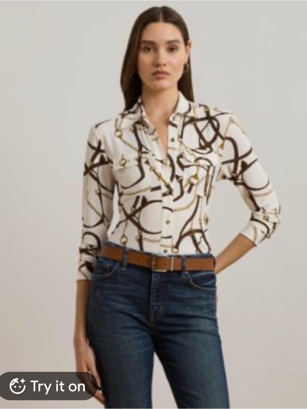 Lauren Ralph Lauren Equestrian Belt & Chain Print Blouse Cream Gold Brown